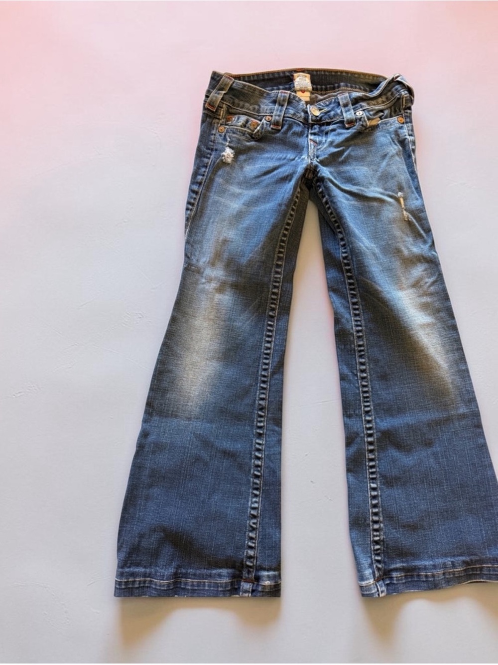 True Religion Women's Blue Flare Jeans with Light Distress Low Rise